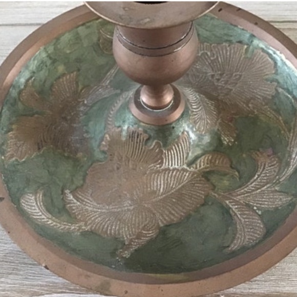 Vintage India Brass Candle Stick Green Bronze Candle Holder Candlestick Handle - Picture 2 of 6